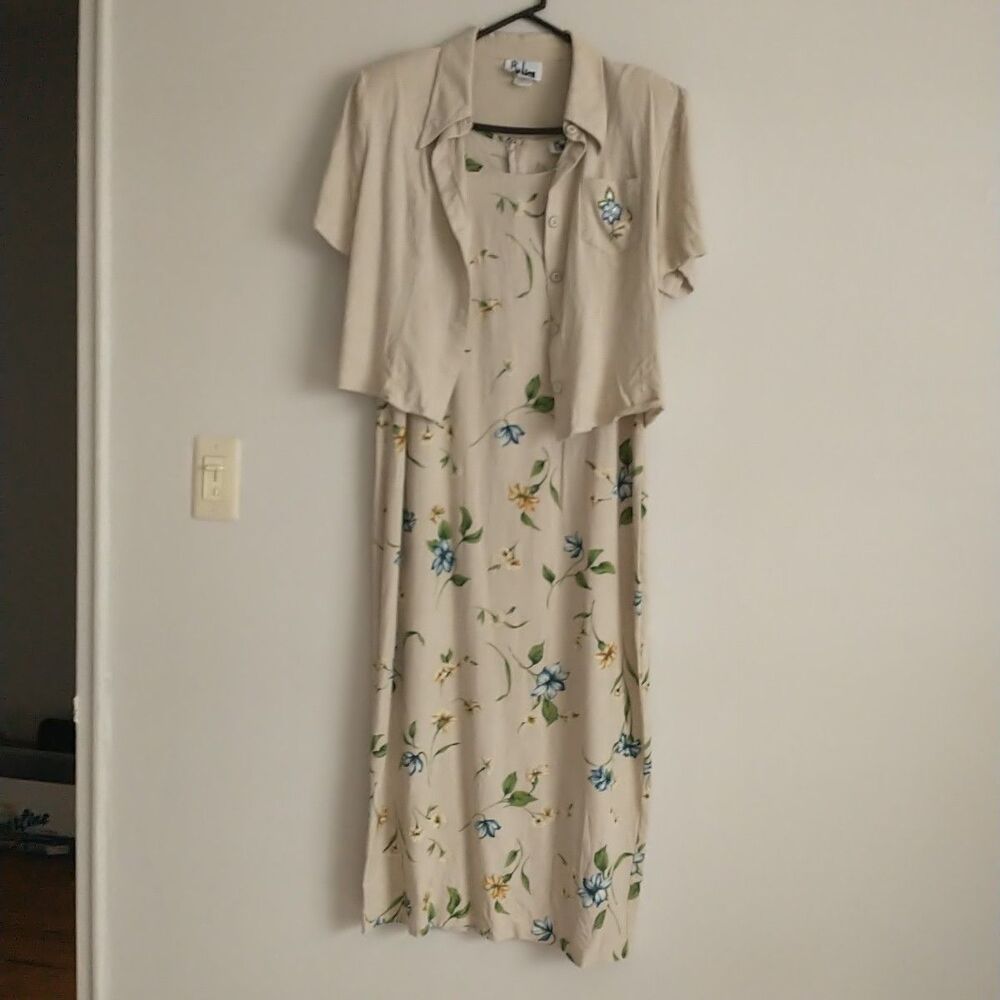 Vtg RJ & Co Maxi Dress Jacket Combo Womens 14/M*Floral Embroidered Slit Zip